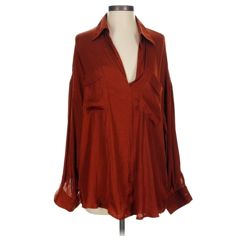 Free People Satin Plunge Blouse Terracotta Oversized Long Sleeve S